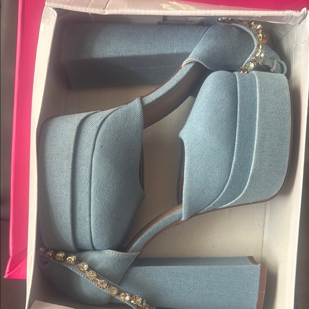 Blue Platform Heels with Rhinestone Accents